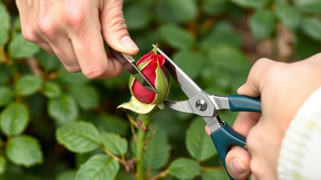 Gardener's hands properly pruning rose cane at 45-degree angle above outward-facing bud using sharp pruning shears, healthy green foliage visible