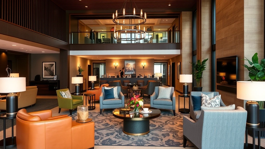 Hotel lobby lounge area with comfortable seating, contemporary decor, warm lighting, welcoming atmosphere, guests relaxing