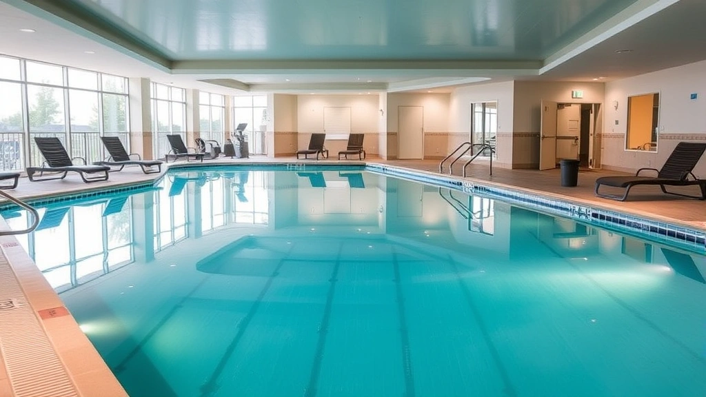 Indoor heated swimming pool with lounge chairs, fitness center visible in background, clean water, bright lighting, modern facility