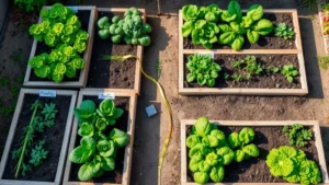 Overhead view of organized raised garden beds with labeled sections for different vegetables, clear pathways between beds, measuring tape visible, sunny backyard setting, vibrant green plants at various growth stages