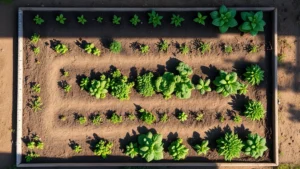Overhead view of a well-organized rectangular garden bed with clearly marked pathways, multiple planting zones with different vegetables at various growth stages, ruler or measurement marks visible along edges, morning sunlight creating shadows showing sun exposure patterns