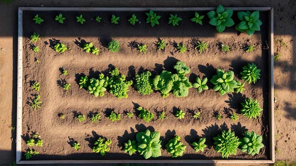 Overhead view of a well-organized rectangular garden bed with clearly marked pathways, multiple planting zones with different vegetables at various growth stages, ruler or measurement marks visible along edges, morning sunlight creating shadows showing sun exposure patterns