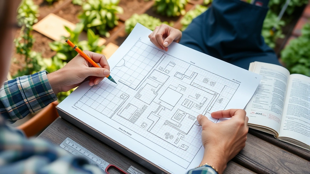 Gardener reviewing a hand-drawn garden map on graph paper with pencil, garden layout with marked plant positions and spacing, measuring tools nearby, sitting at outdoor table with reference books