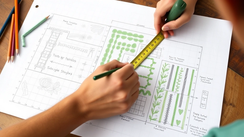 Person sketching a garden layout on graph paper with measurements, colored pencils, tape measure, and a detailed map showing rows of vegetables, herb sections, and vertical trellis structures positioned strategically