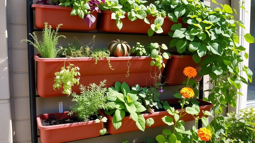 Vertical garden wall system with tiered planters containing herbs, trailing vegetables, and flowering plants at different heights, morning light illuminating healthy foliage, showing space-efficient growing techniques in small urban setting