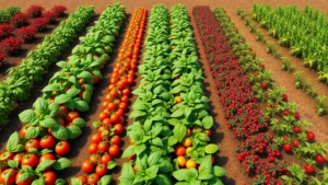 Overhead view of a thriving virtual garden with diverse colorful crops in neat rows, featuring tomatoes, carrots, berries, and corn plants at various growth stages