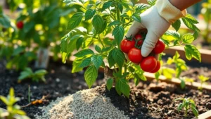 Gardener's gloved hands spreading granular organic fertilizer around base of thriving tomato plant in raised garden bed, morning sunlight illuminating green foliage and red fruit clusters