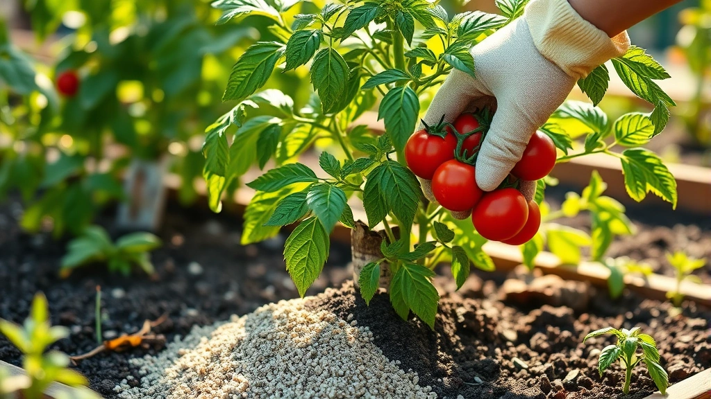 Gardener's gloved hands spreading granular organic fertilizer around base of thriving tomato plant in raised garden bed, morning sunlight illuminating green foliage and red fruit clusters
