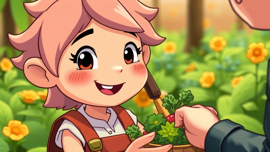 Close-up of a cartoon NPC character with a happy expression receiving fresh harvested vegetables and fruits from a player character in a lush garden setting