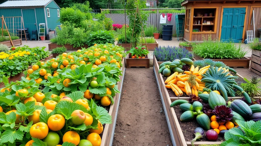 Vibrant garden beds filled with mature specialty crops including exotic fruits and premium vegetables ready for harvest, with garden tools and storage structures visible
