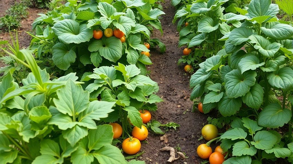 Lush vegetable garden in peak productivity with mature plants producing abundant vegetables, demonstrating results of consistent proper fertilization throughout growing season