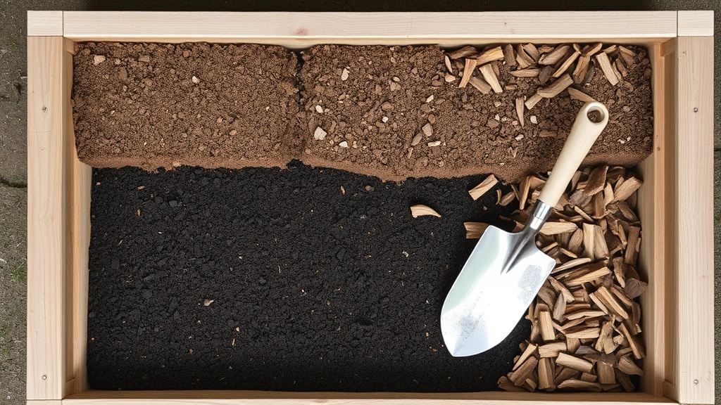 Overhead view of a wooden raised garden bed being filled with layered materials including brown compost, dark topsoil, and wood chips, showing clear stratification of different soil components with a garden spade resting on the edge