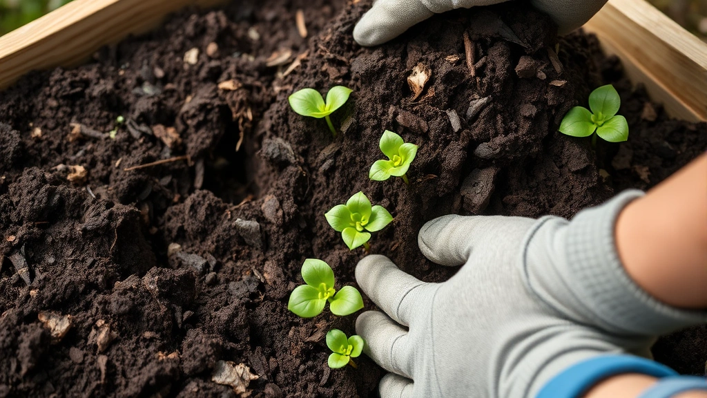 Close-up of rich, dark composted material being spread into a raised bed with gardener's gloved hands visible, showing texture and organic matter with green plants beginning to grow