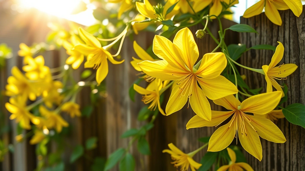 Close-up of vibrant golden-yellow clematis flowers blooming on a wooden fence with morning sunlight illuminating the delicate petals and green foliage