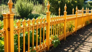 Ornate golden fence sections bordering a lush vegetable garden with mature plants, warm sunlight casting fence shadows on soil