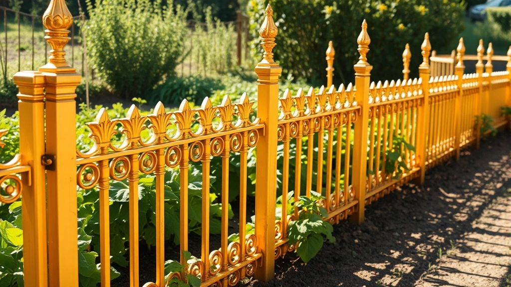 Ornate golden fence sections bordering a lush vegetable garden with mature plants, warm sunlight casting fence shadows on soil