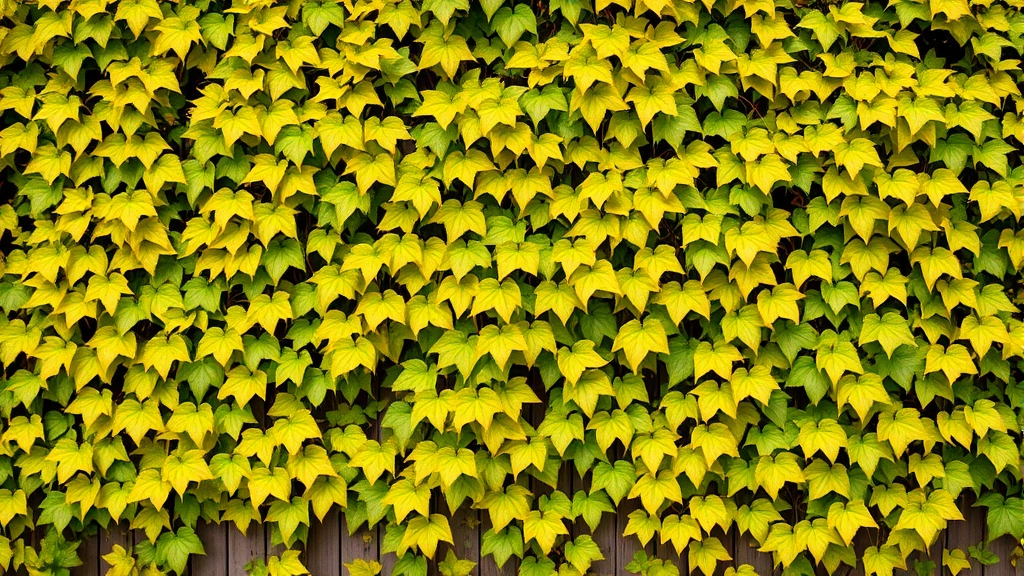 Established golden English ivy with rich yellow-green variegated leaves densely covering a sturdy wooden fence structure, creating a living wall effect