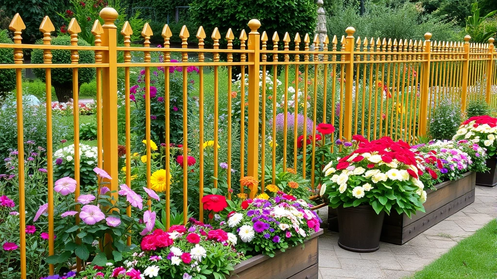Decorative golden fence surrounding raised garden beds filled with colorful flowering plants and green foliage, garden pathway visible