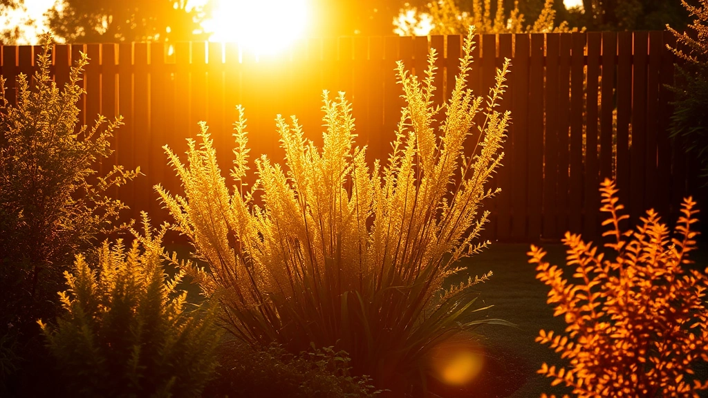 Evening garden scene showing warm golden uplighting illuminating golden foliage plants against a fence, creating luminous shadows and atmospheric depth