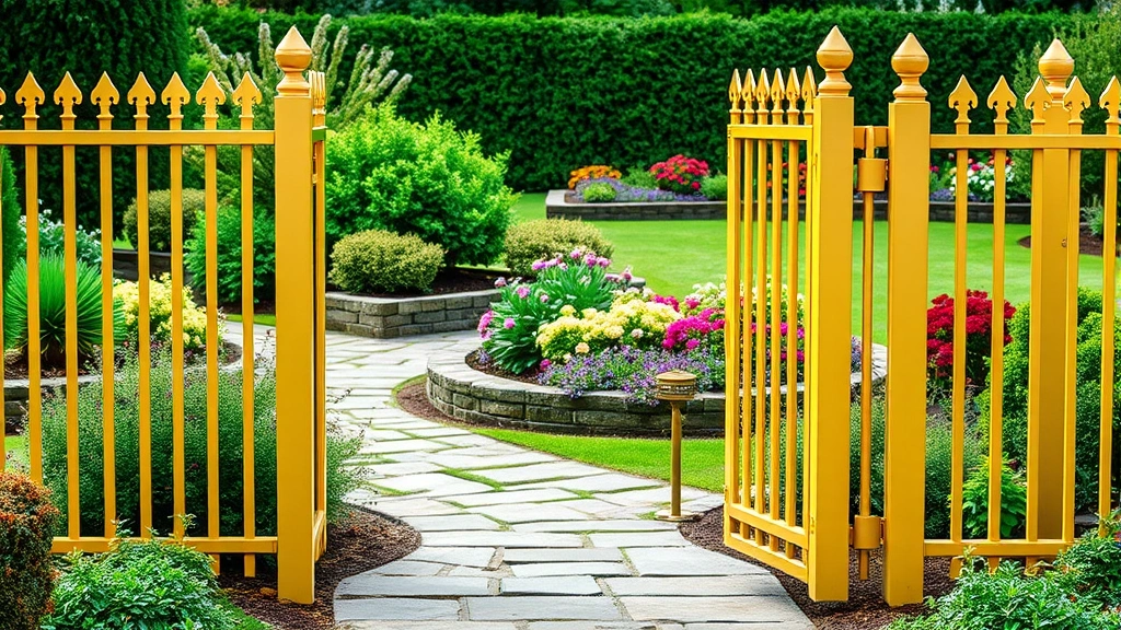 Elegant golden fence framing a garden entrance with stone pathway, flowering shrubs, and well-organized planting beds in background