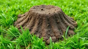 Close-up of fresh mole mound in spring lawn with visible soil texture and ridge pattern running through green grass