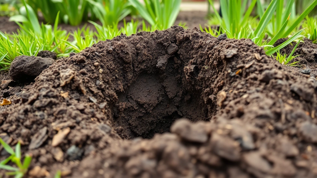 Close-up of fresh mole tunnel mound in garden soil with green grass and garden plants in background, showing damage pattern