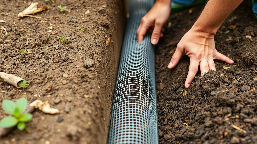 Gardener installing hardware cloth mesh barrier in soil trench for mole protection, hands working with metal mesh and soil