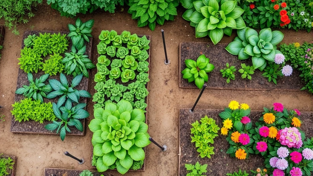 Overhead view of mature garden with vibration deterrent stakes placed throughout vegetable beds and flower plantings