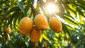 Ripe golden moon mangoes hanging on tree branches with glossy leaves and morning sunlight filtering through canopy, photorealistic tropical orchard setting