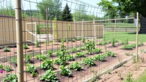Tall eight-foot woven wire deer fencing installed around a vegetable garden with established plants growing inside, clear daylight, showing fence construction details and garden beds