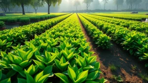 Vibrant virtual garden with rows of mature tea plants showing lush green foliage, morning sunlight illuminating leaves, peaceful digital landscape with water features