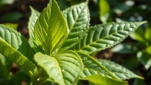 Close-up of mature tea plant leaves with visible serrated edges and fresh green foliage, morning dew droplets on leaves, natural sunlight filtering through, photorealistic botanical detail, garden setting background