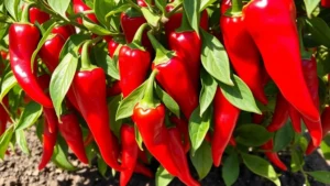 Close-up of vibrant red Hunan chili peppers growing on plants in full sunlight, showing ripe and ripening peppers with glossy skin texture, fresh green leaves surrounding the peppers, garden soil visible at base
