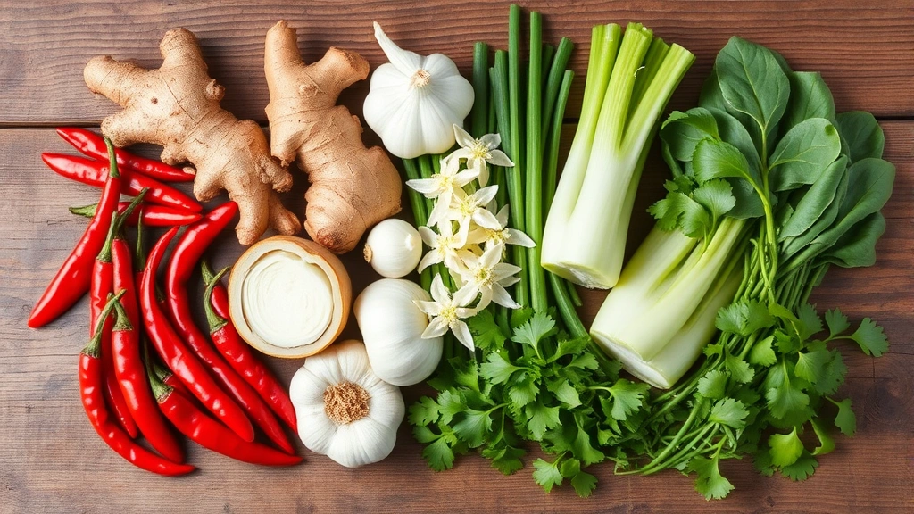 Harvested collection of fresh Hunan garden ingredients artfully arranged: red chili peppers, fresh ginger root, garlic bulbs, daikon radish slices, Chinese chives with flowers, bok choy heads, and fresh cilantro leaves on wooden surface