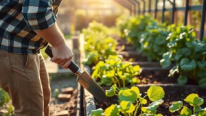 A middle-aged person using ergonomic hand tools in a well-organized raised garden bed with lush vegetables, morning sunlight, calm solo gardening atmosphere