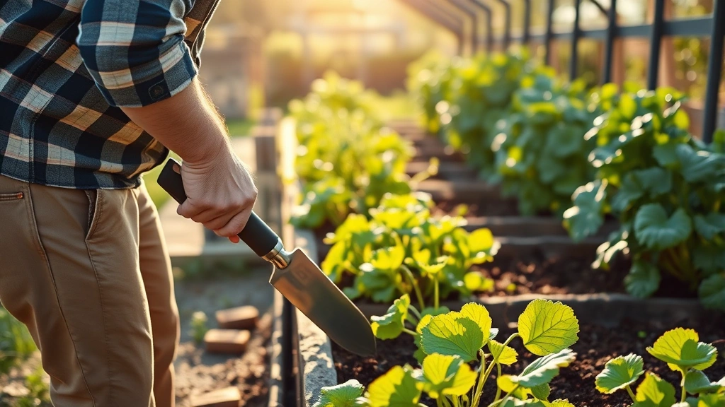 A middle-aged person using ergonomic hand tools in a well-organized raised garden bed with lush vegetables, morning sunlight, calm solo gardening atmosphere