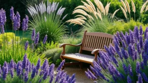 Serene garden retreat with wooden bench surrounded by flowering lavender, ornamental grasses, and lush green plants in soft afternoon light
