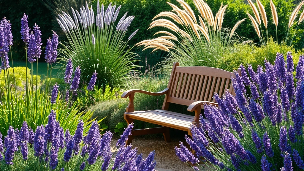 Serene garden retreat with wooden bench surrounded by flowering lavender, ornamental grasses, and lush green plants in soft afternoon light