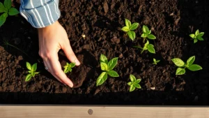 Overhead view of hands planting seedlings into dark rich soil in a raised garden bed, morning sunlight casting soft shadows, various young green plants visible