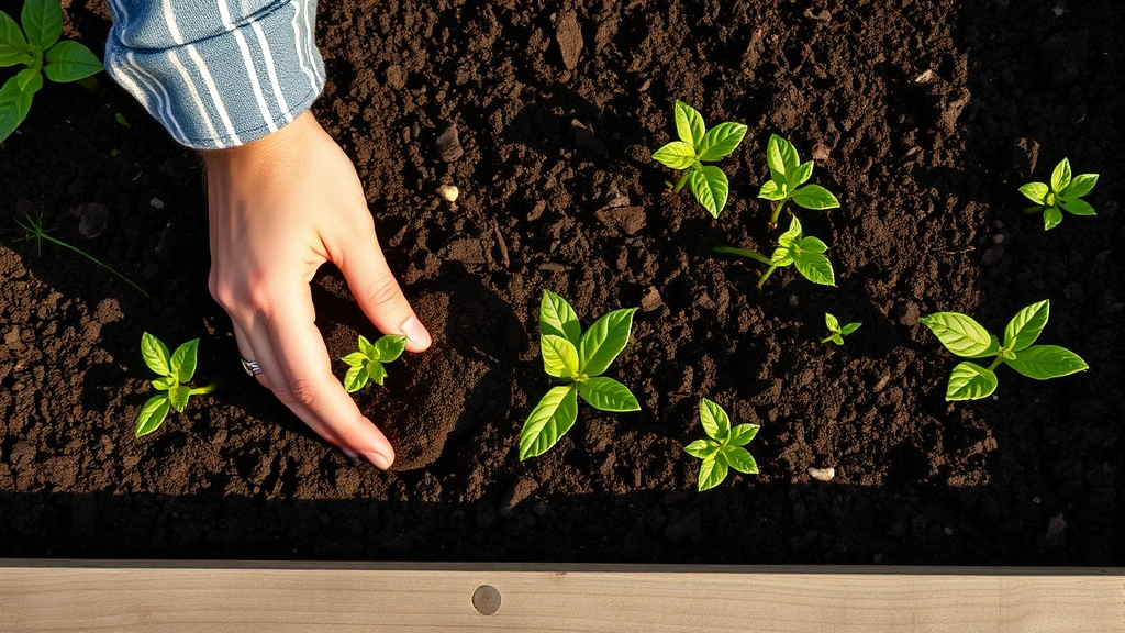 Overhead view of hands planting seedlings into dark rich soil in a raised garden bed, morning sunlight casting soft shadows, various young green plants visible