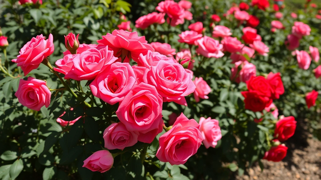 Vibrant red and pink roses blooming abundantly on healthy bushes in a sunny garden bed with dark green foliage, morning light illuminating delicate petals