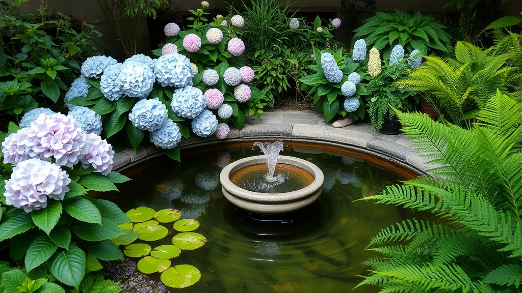 Tranquil water feature with small fountain surrounded by blooming hydrangeas, ferns, and shade-loving plants creating peaceful garden atmosphere