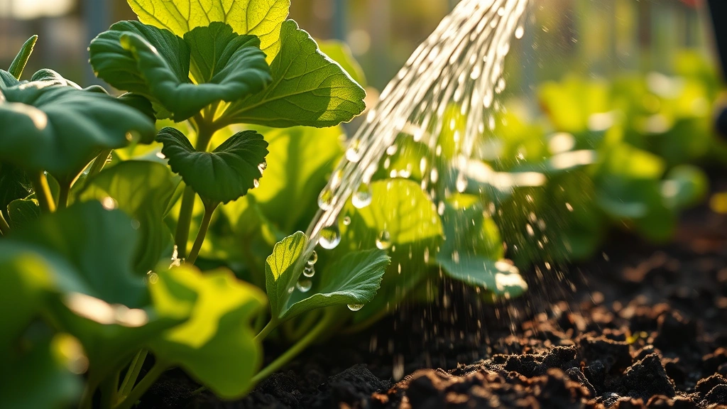 Close-up of gardener watering vegetables in morning light, water droplets on green leaves, focused on proper watering technique near soil level