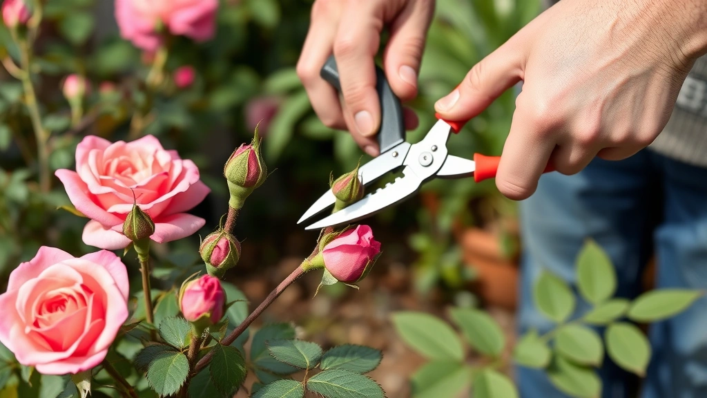 Gardener carefully pruning rose canes with sharp bypass pruners, showing proper 45-degree cutting angle above outward-facing buds on dormant spring roses