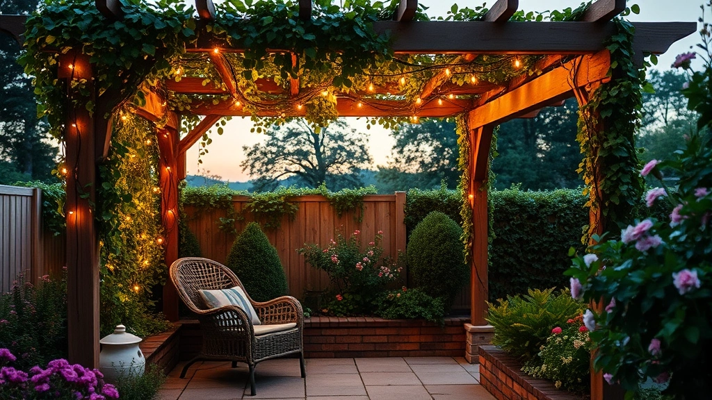 Cozy garden seating nook with comfortable chair under pergola draped in climbing vines, soft string lights, and flowering shrubs at dusk