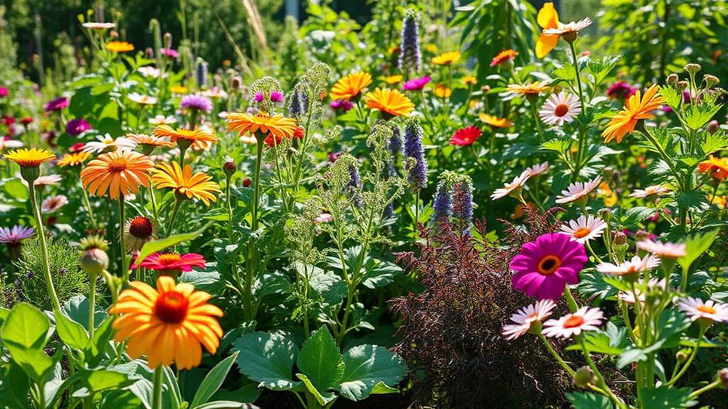 Wide shot of thriving diverse garden with blooming flowers, healthy vegetables, and mature plants growing together, natural sunlight filtering through foliage