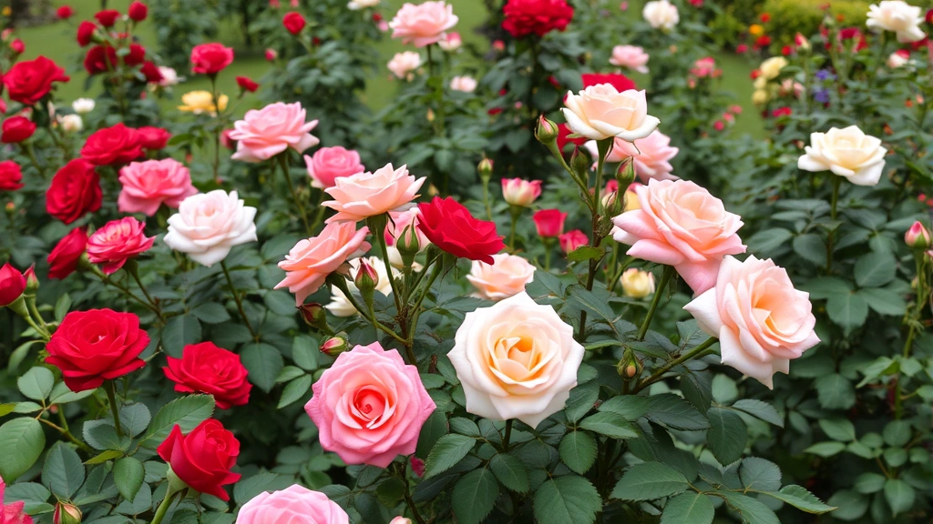 Lush rose garden in full bloom with multiple rose varieties displaying red, pink, white, and peach flowers, established plants with excellent form and density