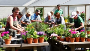 Diverse gardeners of various ages working together at wooden potting benches surrounded by flowering plants and terracotta pots on a sunny day