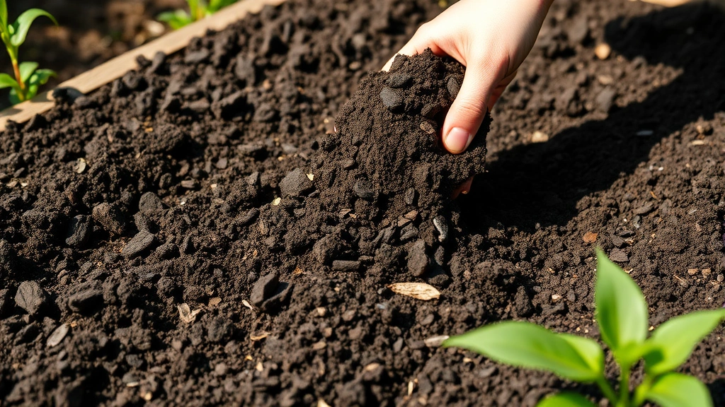 Hands spreading dark compost into a raised garden bed with rich soil, spring sunlight filtering through, close-up showing texture and organic matter.