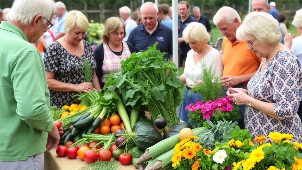 Community members gathered around a harvest display featuring heirloom vegetables, fresh herbs, and seasonal flowers at a garden celebration event